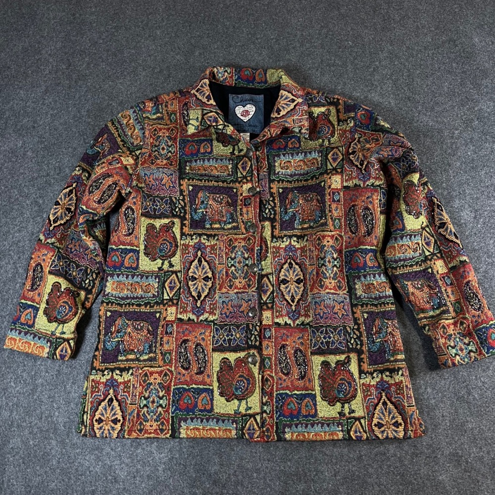 Chicos Anniversary Collection Tapestry Jacket Beaded Elephant Rooster Size 3 XL